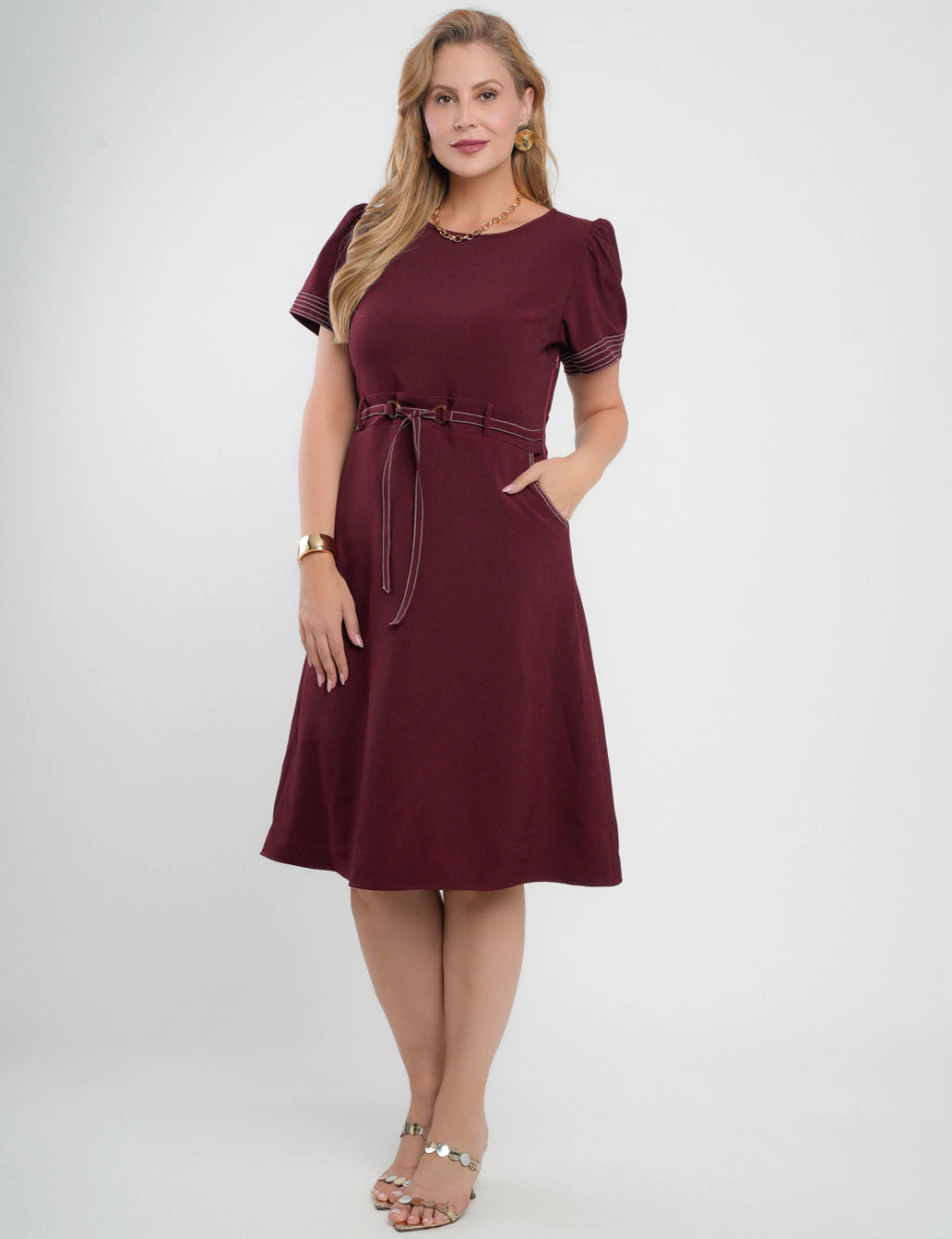 Vestido Midi Alfaiataria Com Pesponto Vinho
