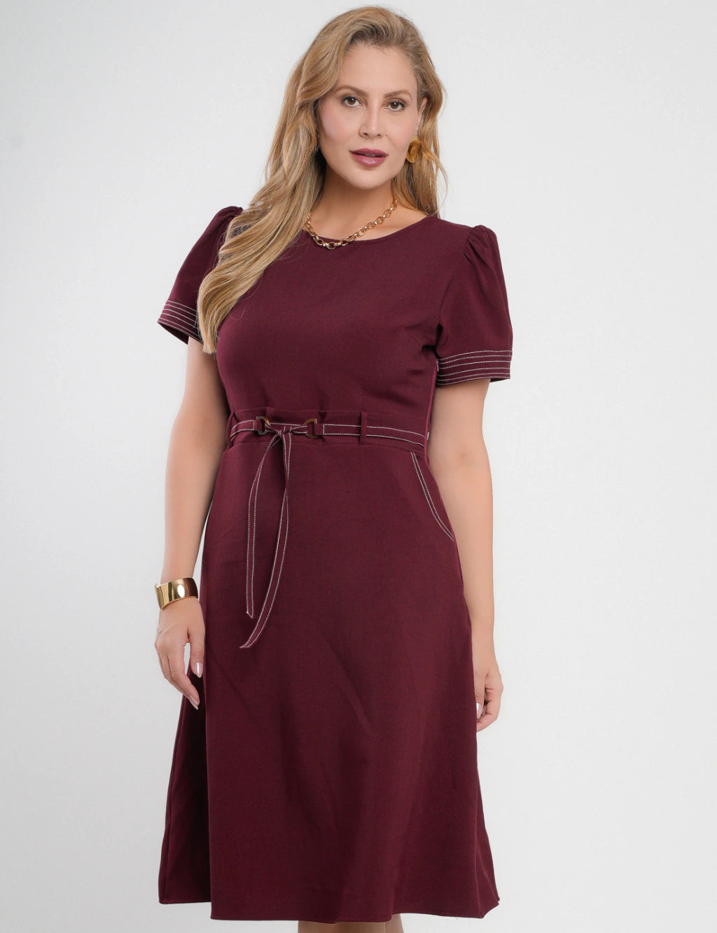Vestido Midi Alfaiataria Com Pesponto Vinho