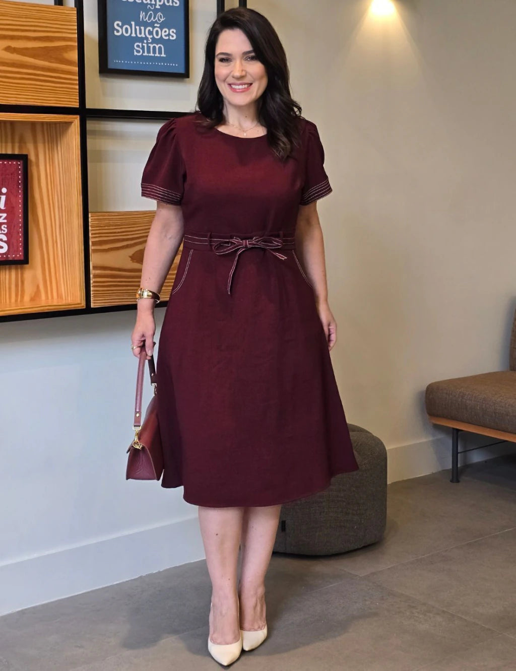 Vestido Midi Alfaiataria Com Pesponto Vinho