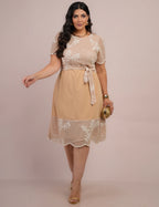 Vestido Midi Tela Com Bordado Bege