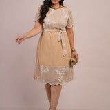 Vestido Midi Tela Com Bordado Bege
