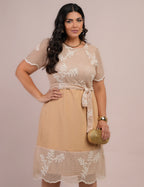 Vestido Midi Tela Com Bordado Bege