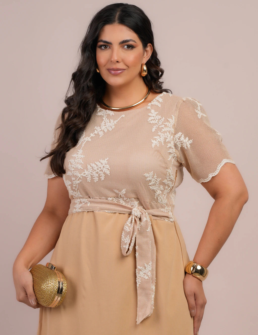 Vestido Midi Tela Com Bordado Bege