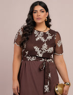 Vestido Midi Tela Com Bordado Marrom