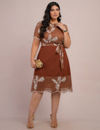 Vestido Midi Tela Com Bordado Marrom
