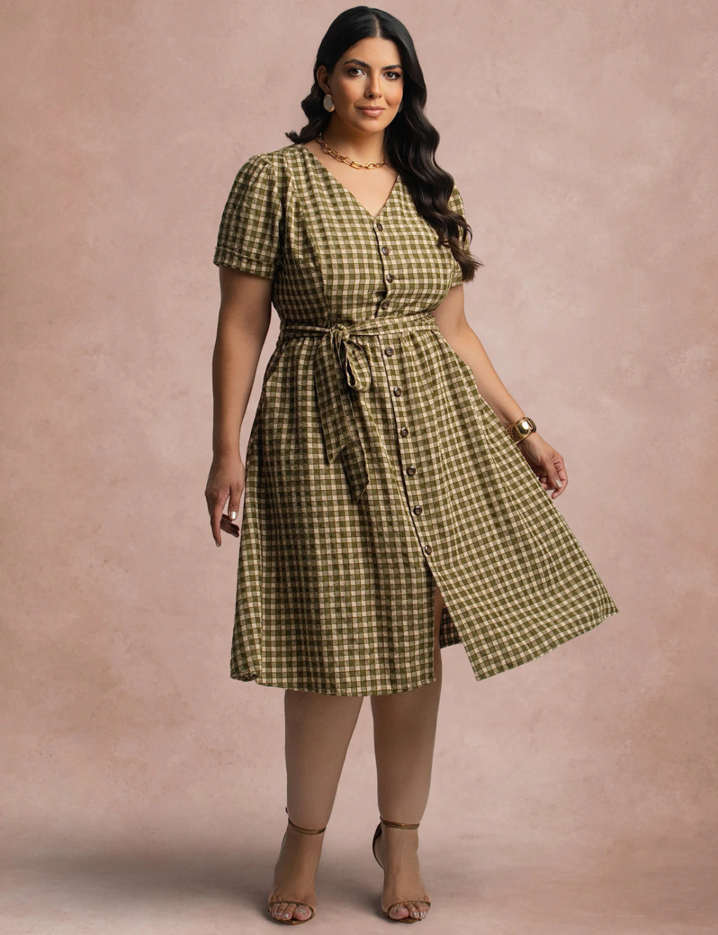 Vestido Mid Xadrez Com Textura Verde