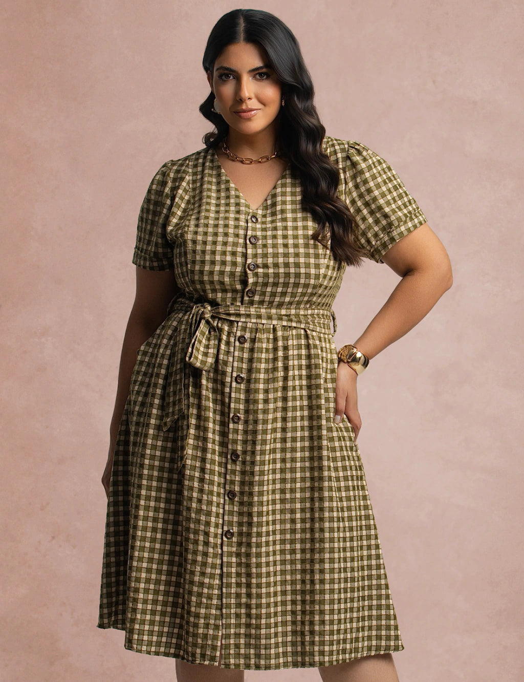 Vestido Mid Xadrez Com Textura Verde