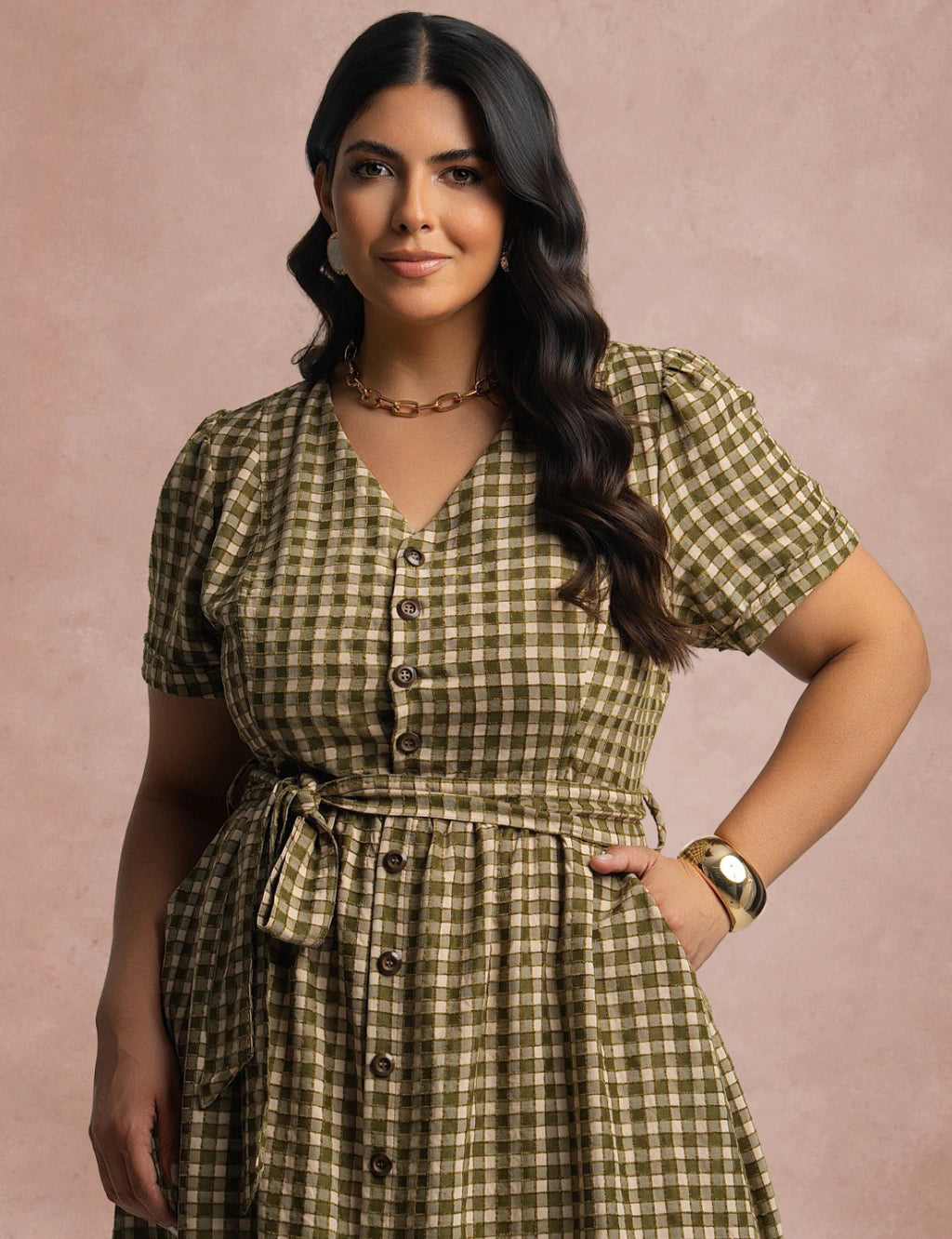 Vestido Mid Xadrez Com Textura Verde