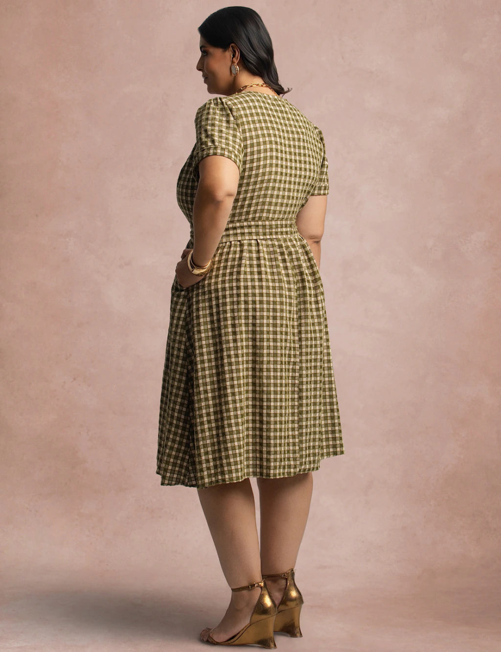 Vestido Mid Xadrez Com Textura Verde