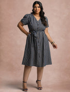 Vestido Mid Xadrez Com Textura Marinho