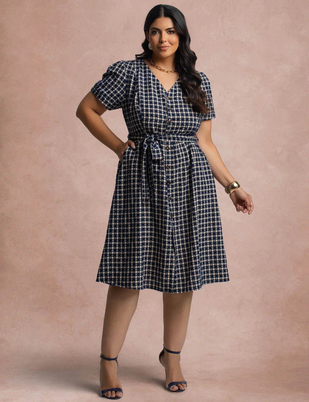 Vestido Mid Xadrez Com Textura Marinho