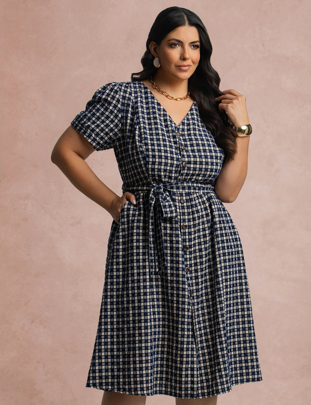 Vestido Mid Xadrez Com Textura Marinho