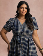 Vestido Mid Xadrez Com Textura Marinho