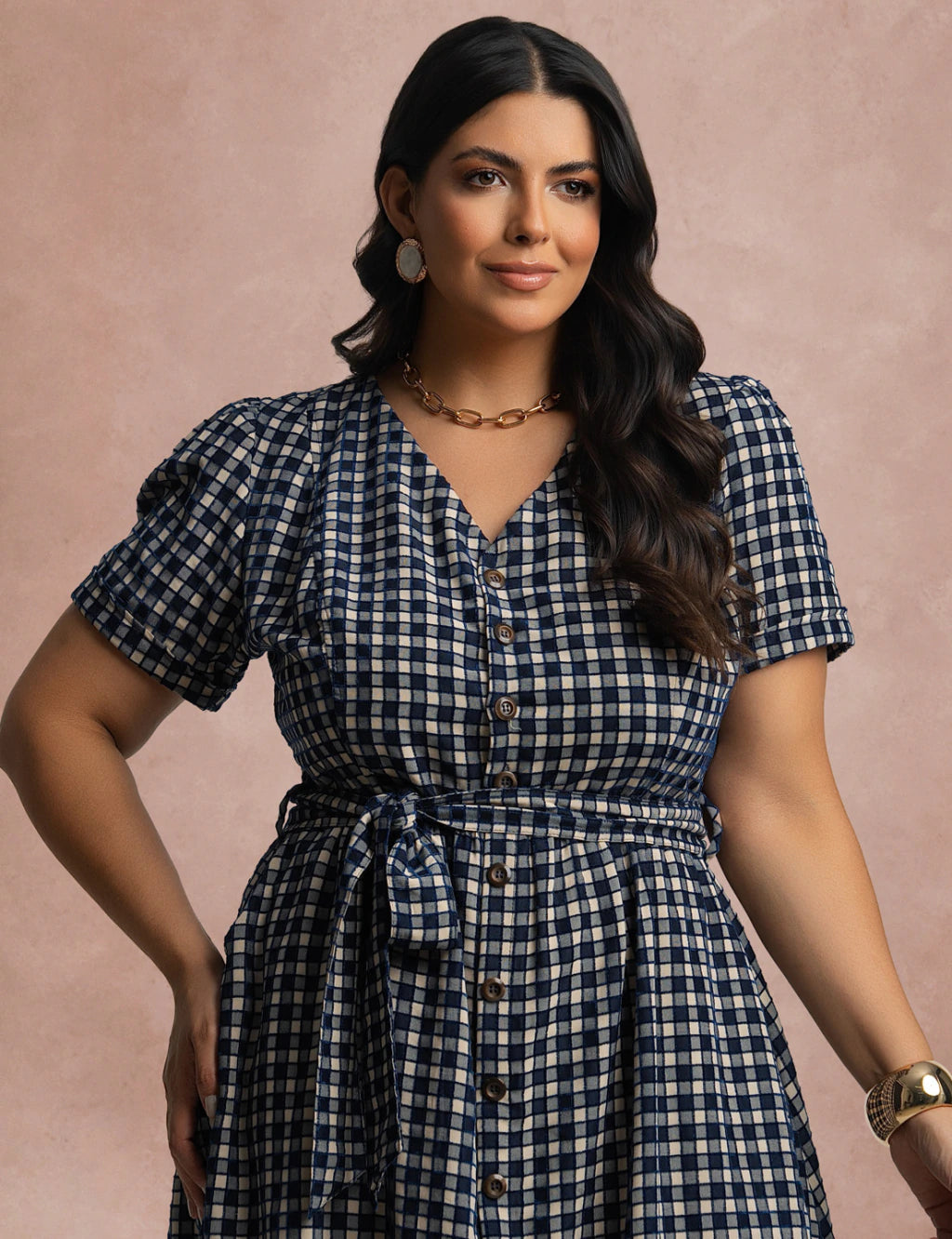 Vestido Mid Xadrez Com Textura Marinho