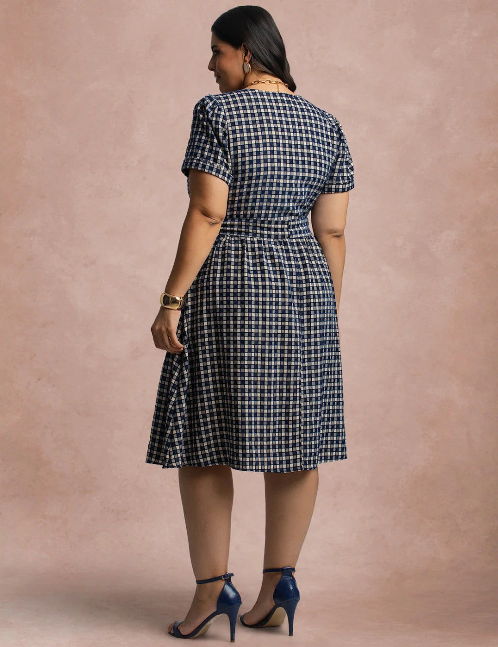Vestido Mid Xadrez Com Textura Marinho