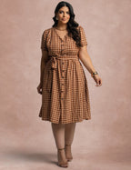Vestido Mid Xadrez Com Textura Marrom