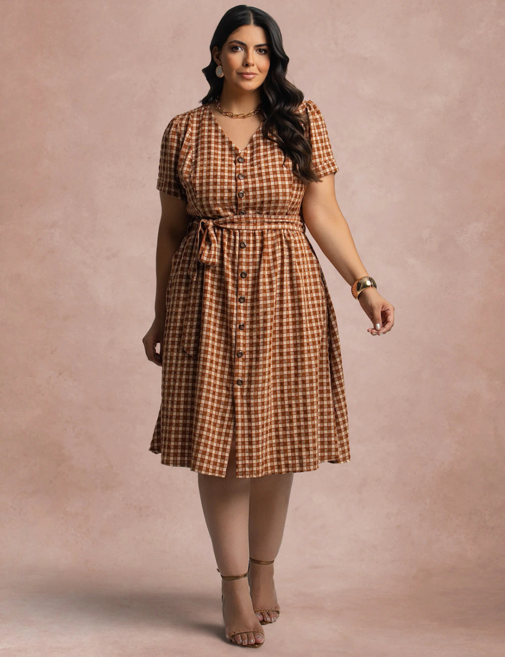 Vestido Mid Xadrez Com Textura Marrom