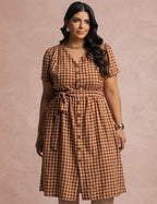 Vestido Mid Xadrez Com Textura Marrom