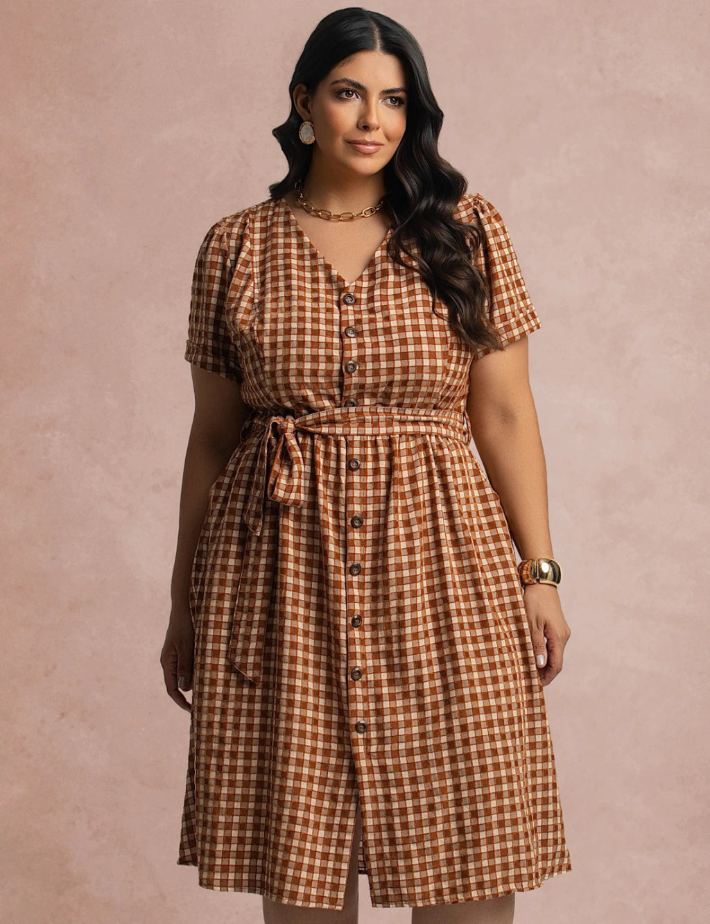 Vestido Mid Xadrez Com Textura Marrom