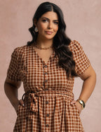 Vestido Mid Xadrez Com Textura Marrom