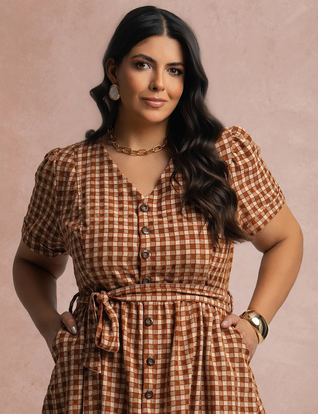 Vestido Mid Xadrez Com Textura Marrom