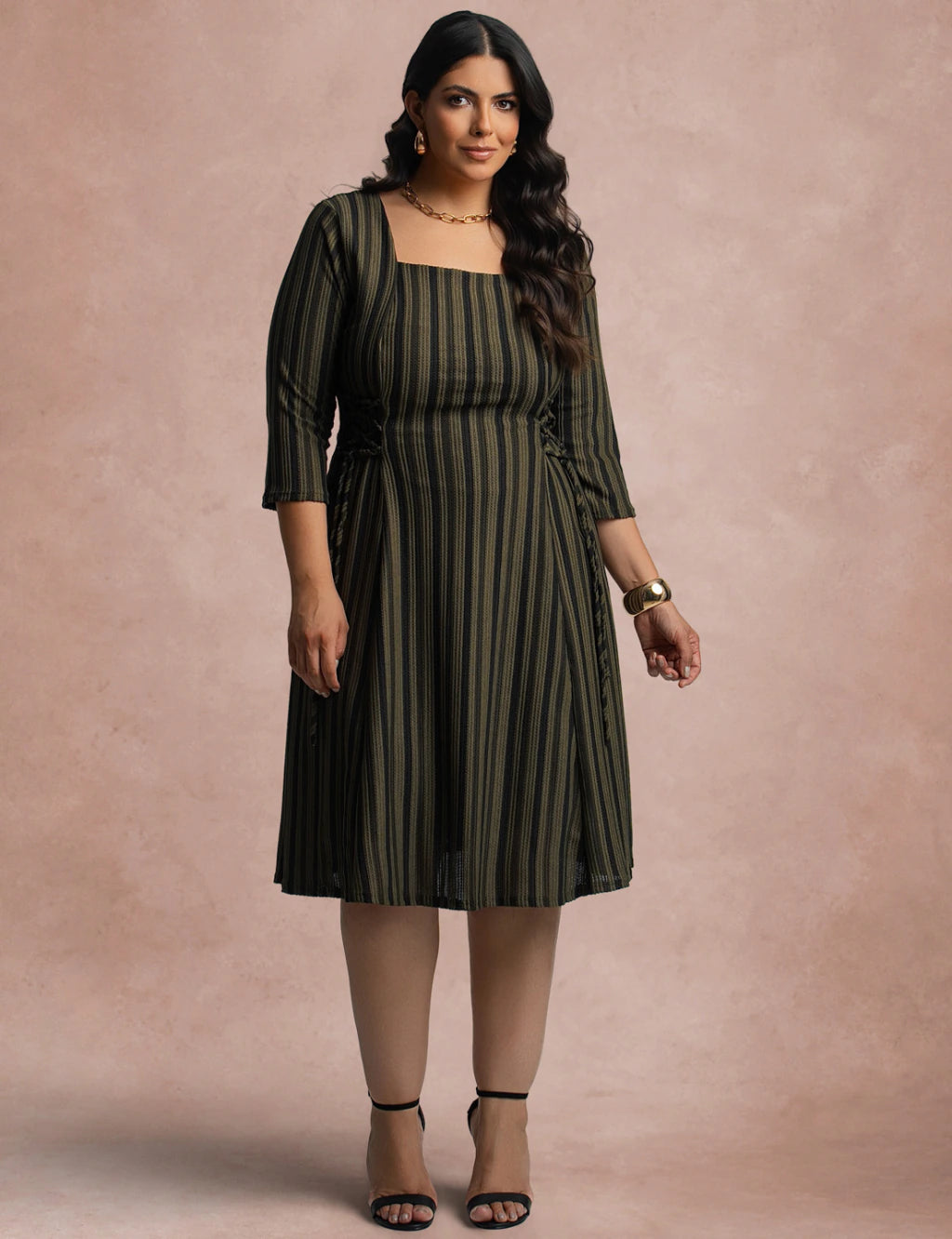 Vestido Midi Estampado Listrado Verde
