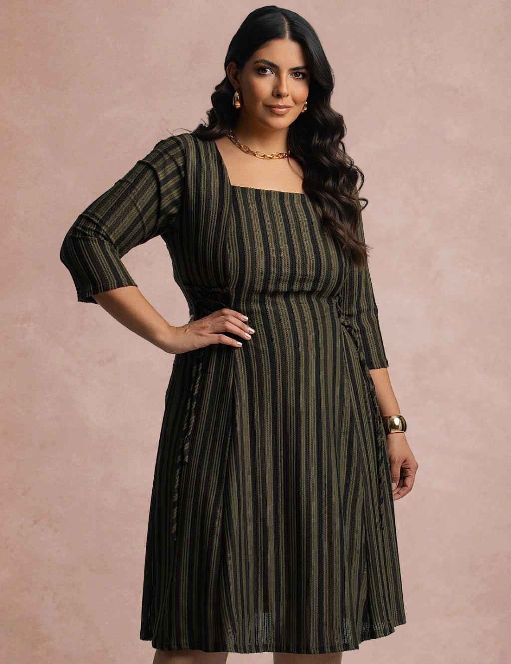 Vestido Midi Estampado Listrado Verde