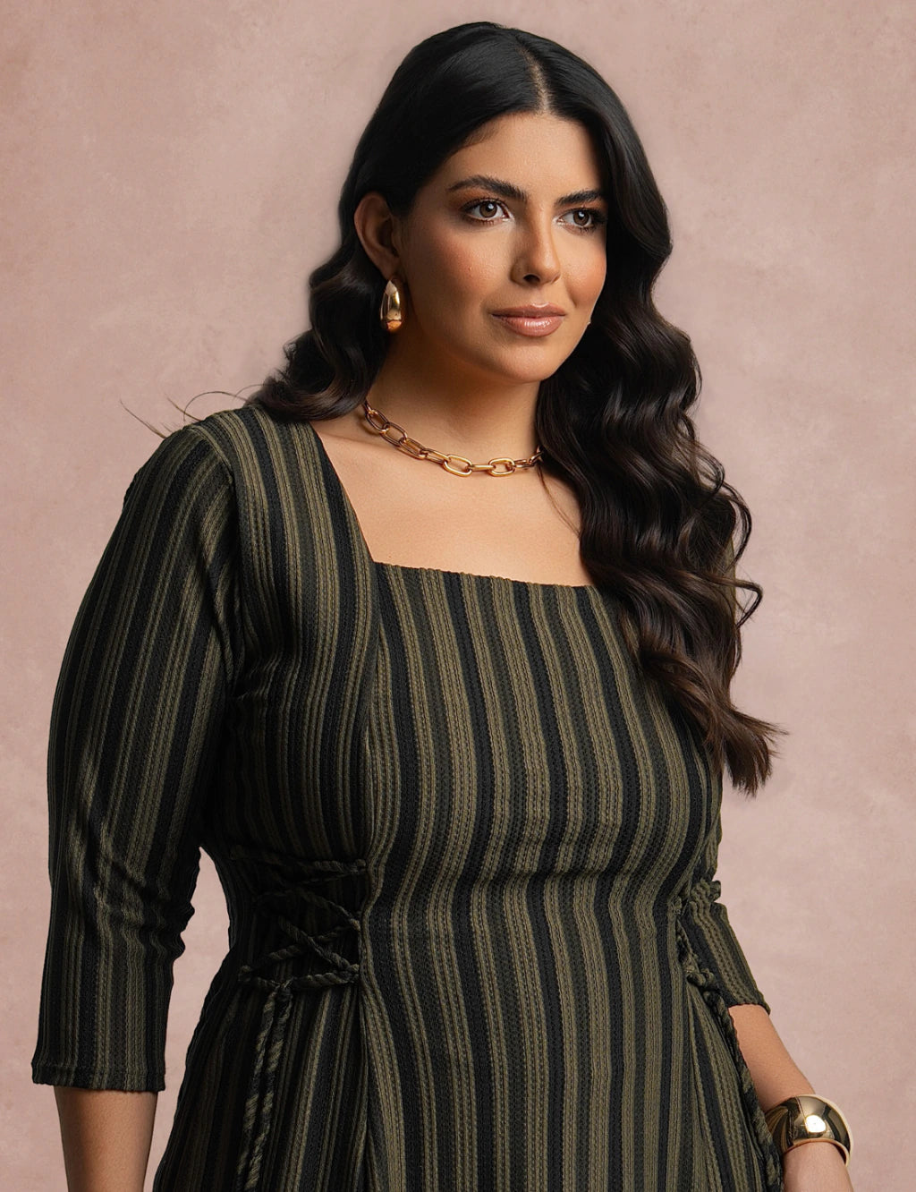 Vestido Midi Estampado Listrado Verde
