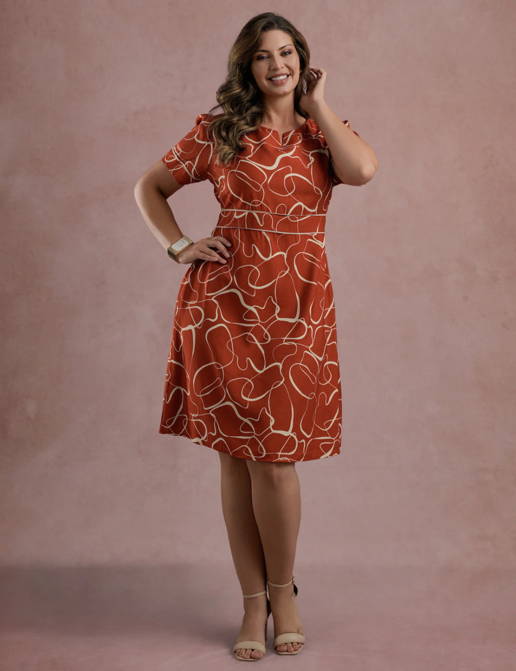 Vestido Midi Estampada Com Vivo Telha