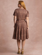 Vestido Midi Estampado Saia Rodada Marrom