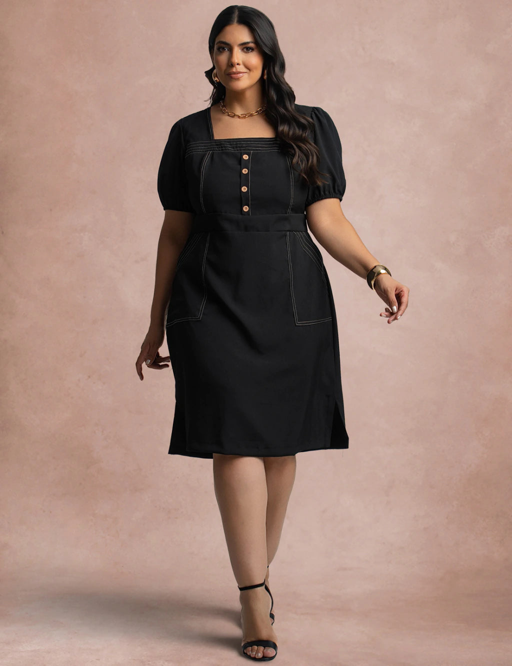 Vestido Midi Com Pesponto Frente Preto