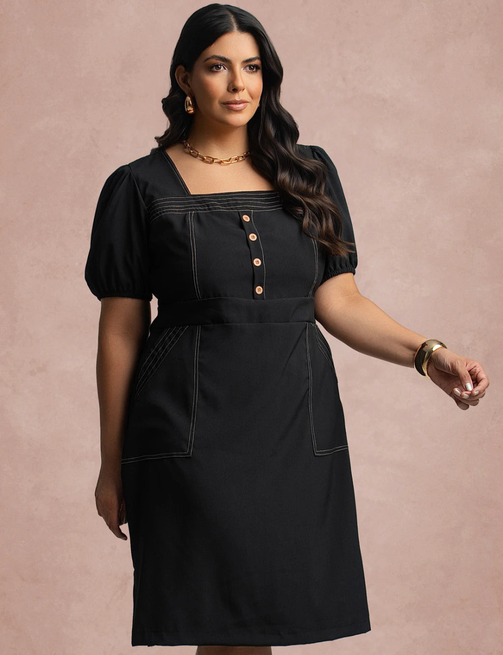 Vestido Midi Com Pesponto Frente Preto