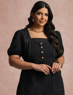 Vestido Midi Com Pesponto Frente Preto