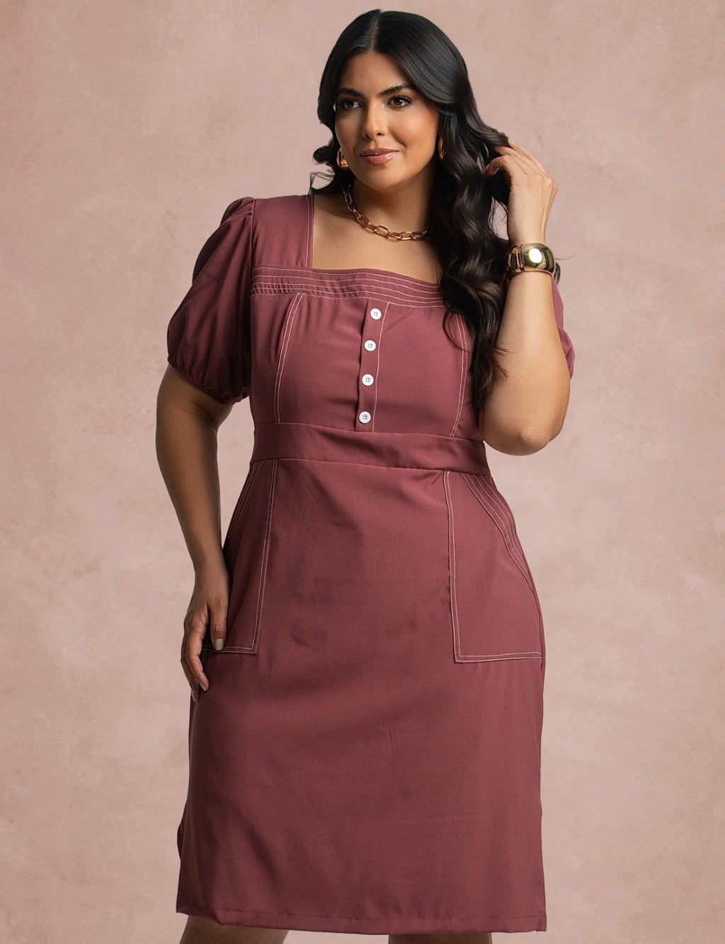 Vestido Midi Com Pesponto Frente Vinho