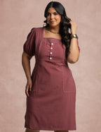 Vestido Midi Com Pesponto Frente Vinho