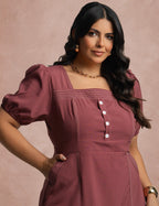 Vestido Midi Com Pesponto Frente Vinho