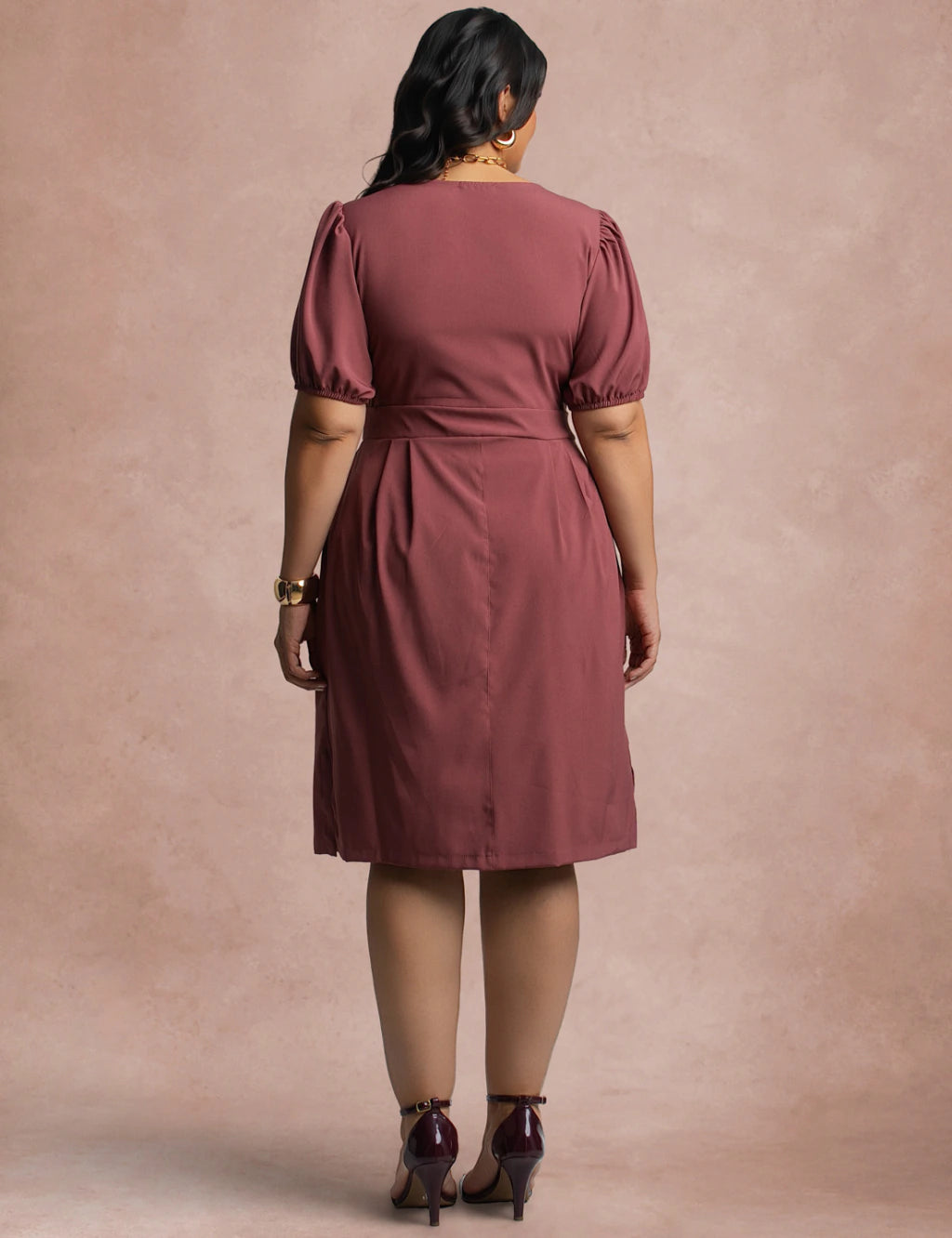 Vestido Midi Com Pesponto Frente Vinho