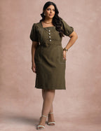 Vestido Midi Com Pesponto Frente Musgo