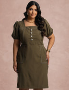 Vestido Midi Com Pesponto Frente Musgo