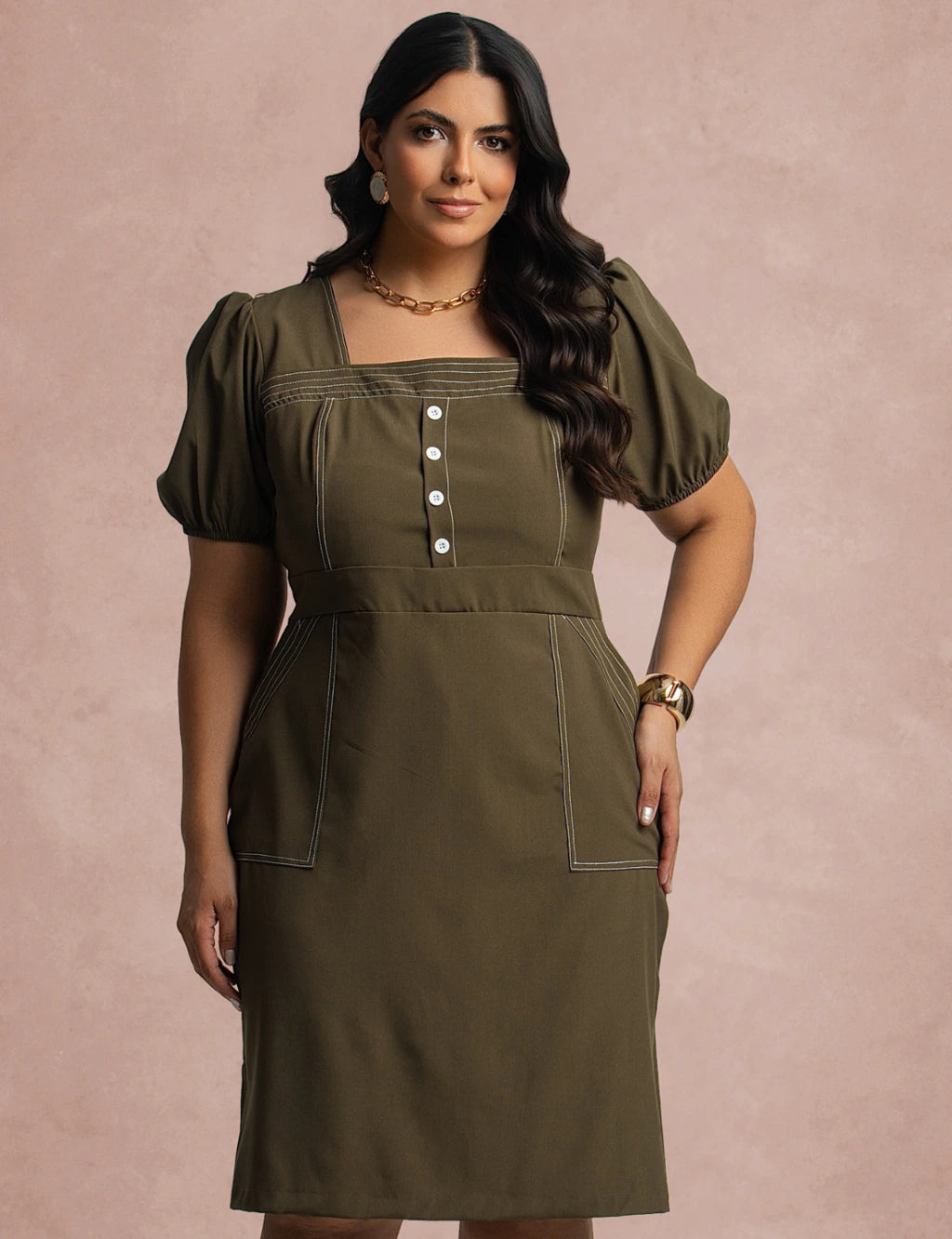 Vestido Midi Com Pesponto Frente Musgo