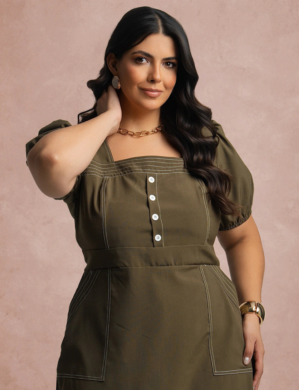 Vestido Midi Com Pesponto Frente Musgo