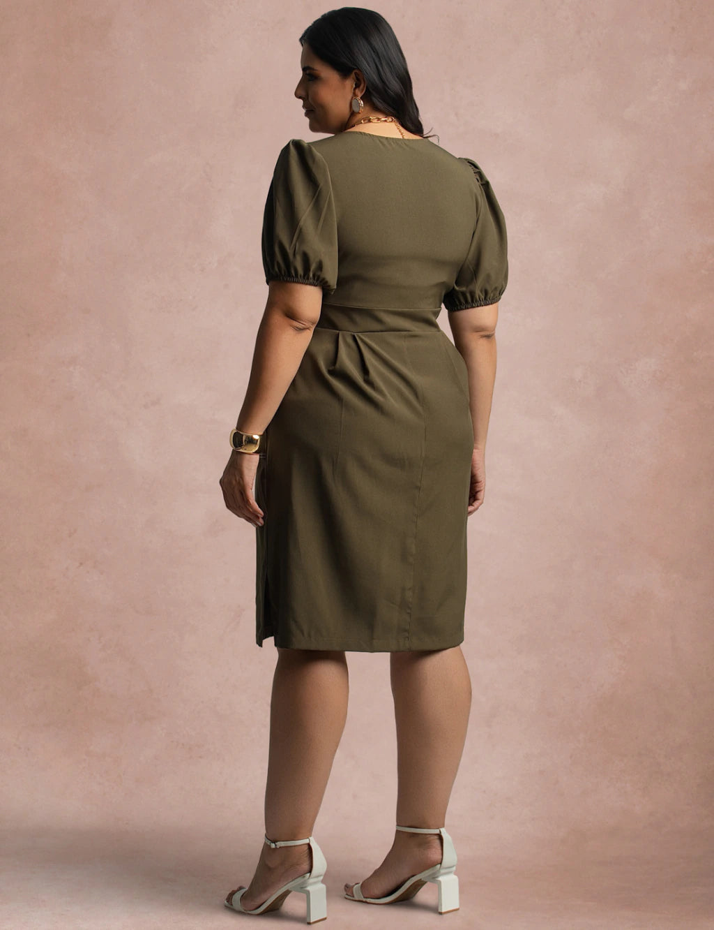 Vestido Midi Com Pesponto Frente Musgo