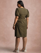 Vestido Midi Com Pesponto Frente Musgo