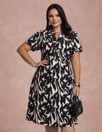 Vestido Midi Estampado Com Botões Na Pala Preto