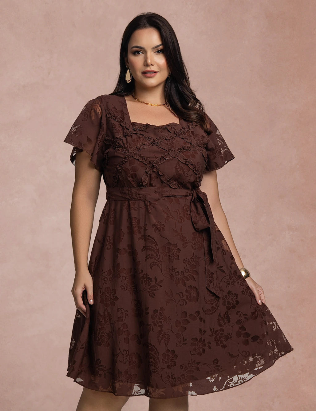 Vestido Midi Com Cinto Marrom