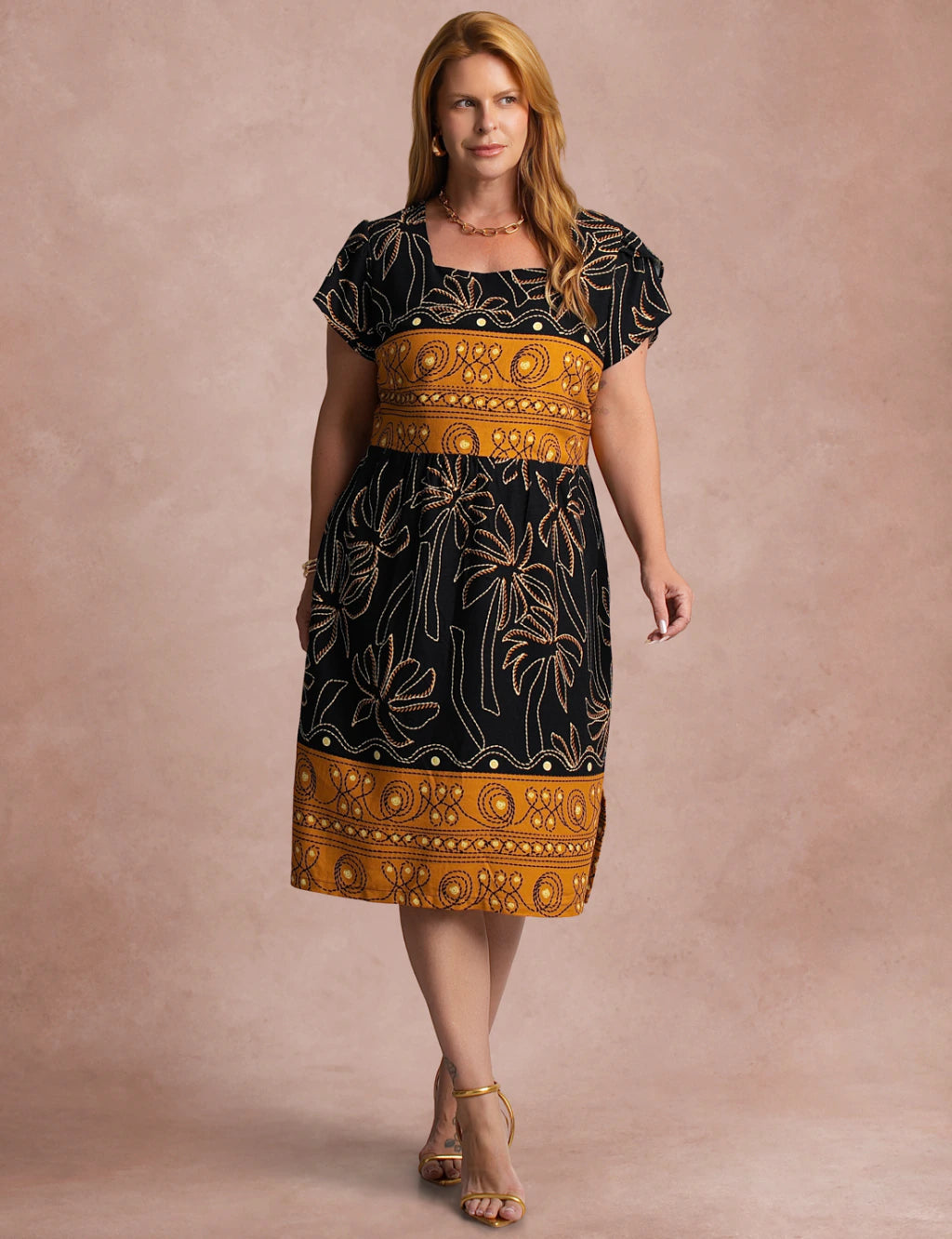 Vestido Midi Estampa Barrado Preto