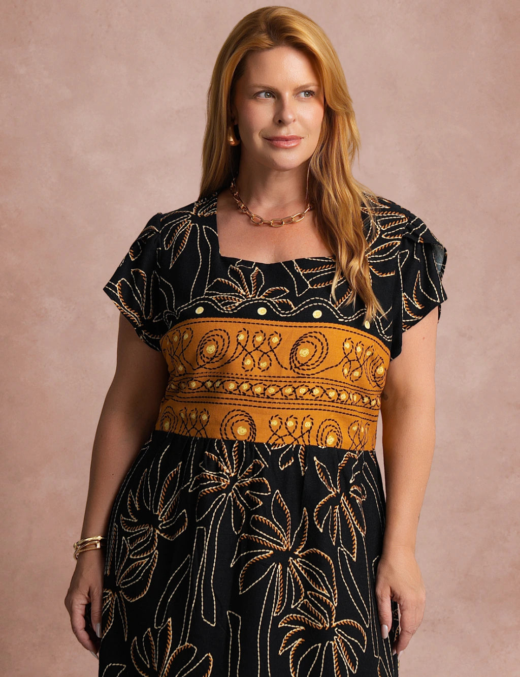 Vestido Midi Estampa Barrado Preto
