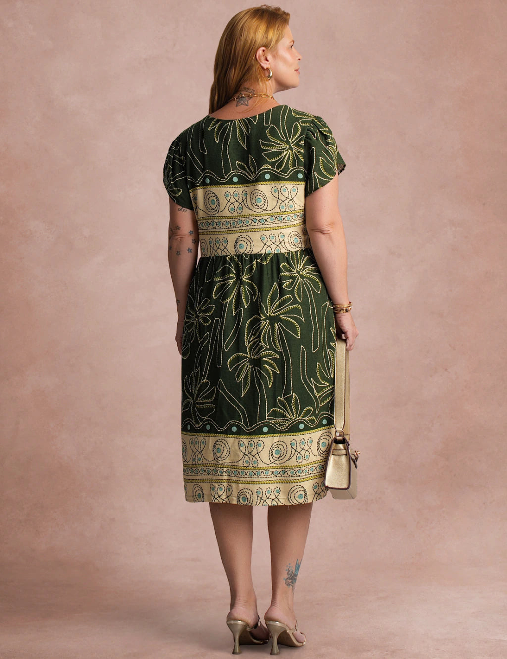Vestido Midi Estampa Barrado Verde