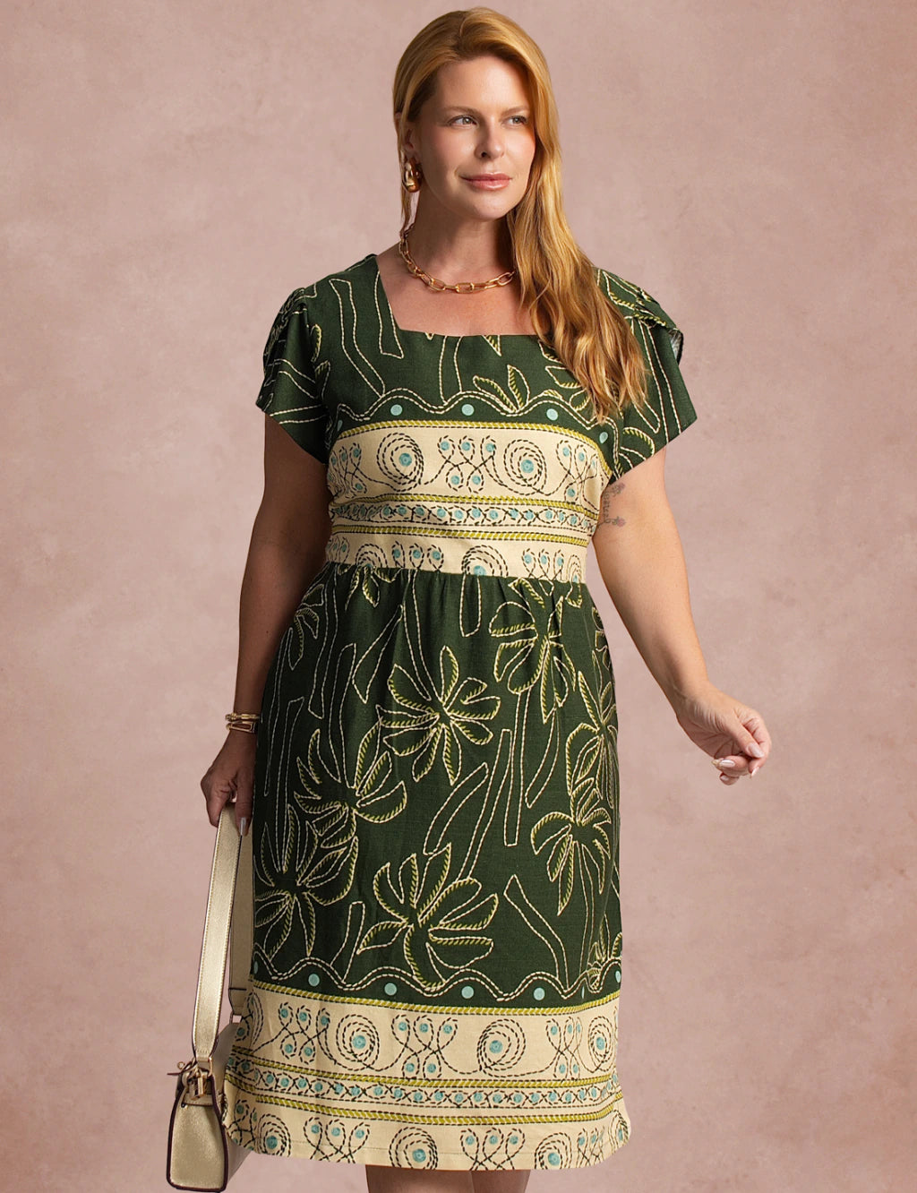 Vestido Midi Estampa Barrado Verde