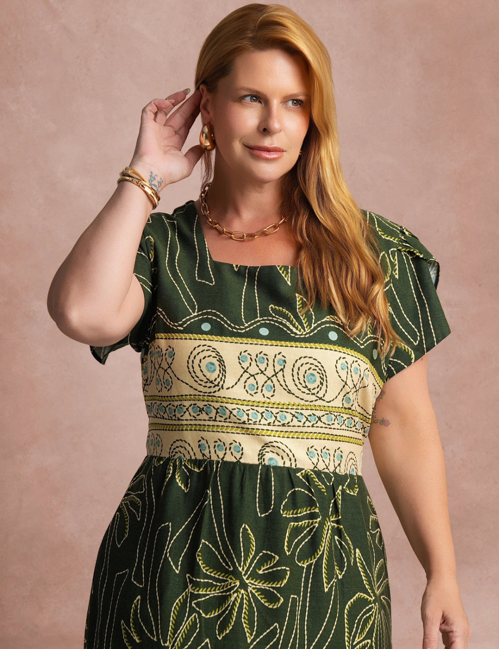 Vestido Midi Estampa Barrado Verde